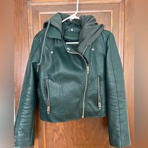 Green faux leather jacket with removable hood